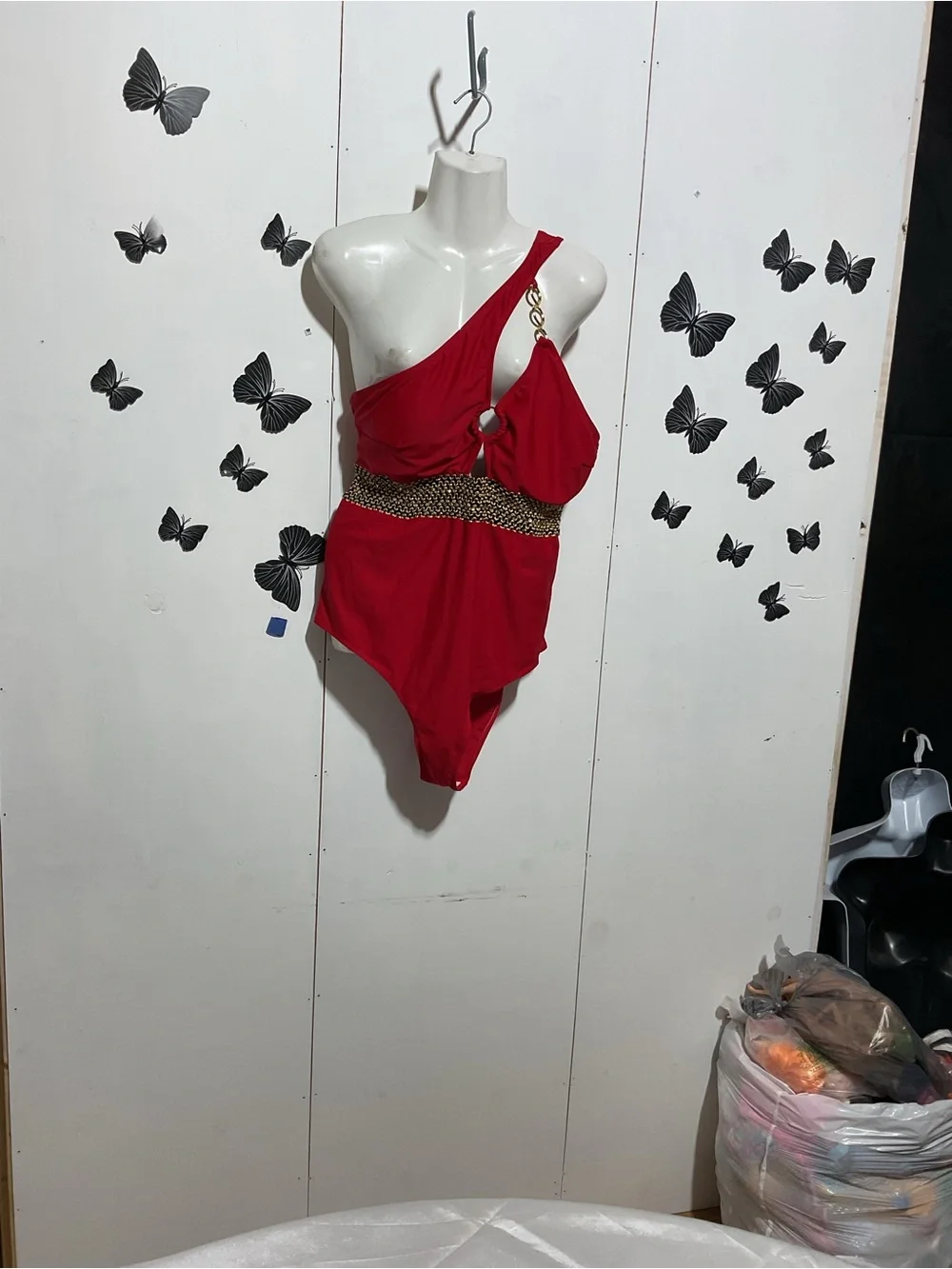 Red One-Shoulder Swimsuit with Gold Accent
